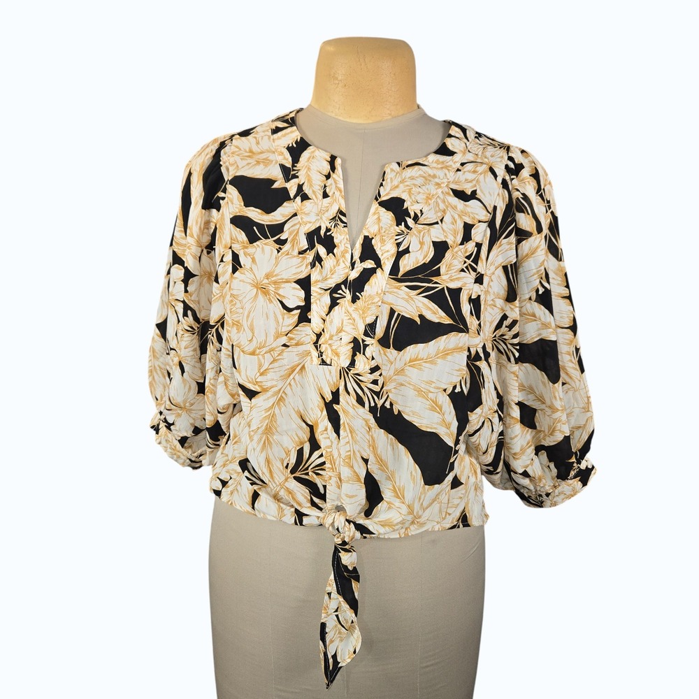 Rose + Olive Tropical Leaf Tie Front Puff Sleeve Blouse Black Gold XS